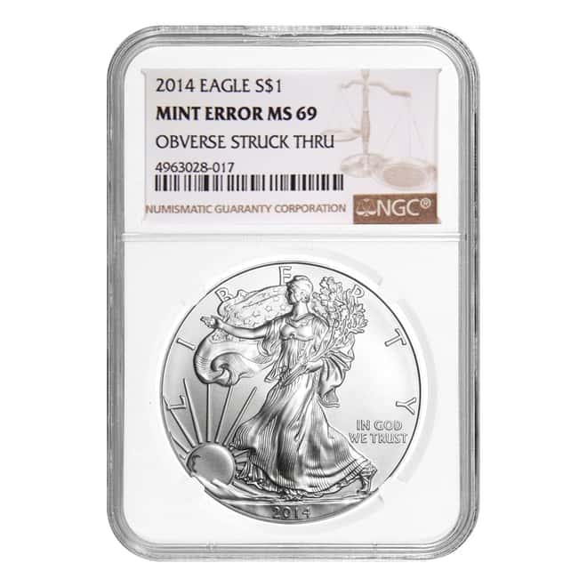 2014 1 oz Silver American Eagle NGC MS 69 Mint Error (Obv Struck Thru)