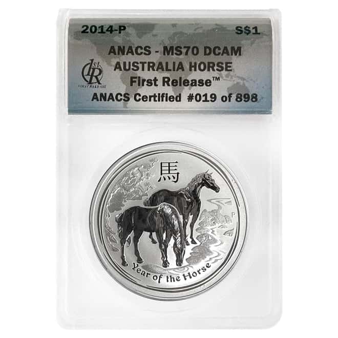 2014 1 oz Silver Lunar Year of The Horse Australian Perth Mint ANACS MS 70 FR