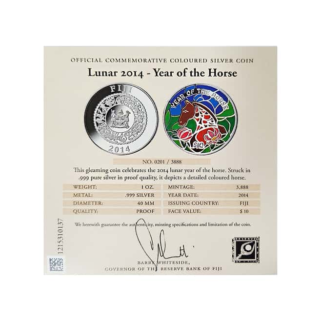 2014 Fiji 1 oz Colorized Silver Lunar Year of The Horse Coin (w/Box & COA)
