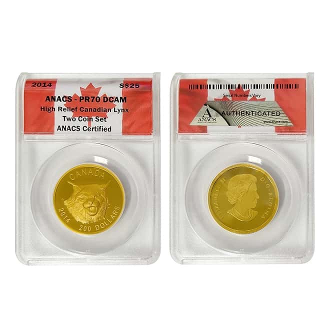 2014 Gold Silver The Fierce Canadian Lynx High Relief 2-Coin Set ANACS PF 70 DCAM