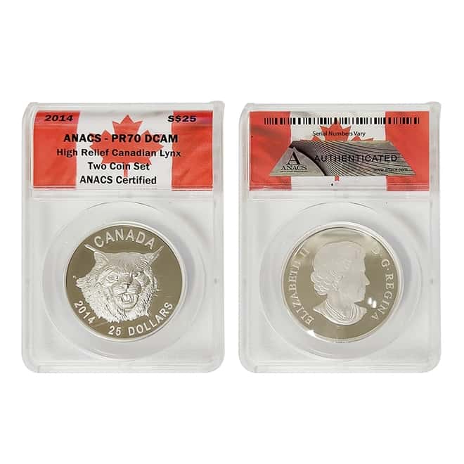 2014 Gold Silver The Fierce Canadian Lynx High Relief 2-Coin Set ANACS PF 70 DCAM