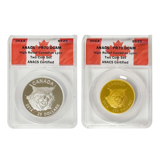 2014 Gold Silver The Fierce Canadian Lynx High Relief 2-Coin Set ANACS PF 70 DCAM