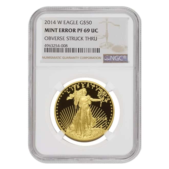 2014 W 1 oz $50 Proof Gold American Eagle NGC PF 69 UCAM Mint Error (Obv Struck Thru)