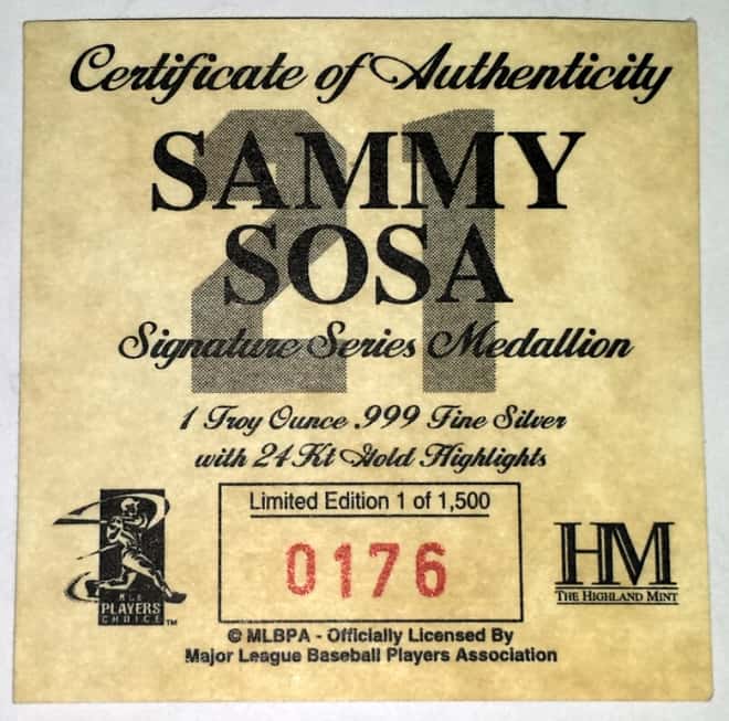 Sammy Sosa Highland Mint 1 oz. .999 Fine Silver with 24 Kt Gold Overlay Limited Edition Commemorative Medallion w/ COA