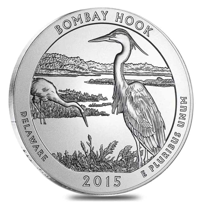 2015-P 5 oz Silver America the Beautiful ATB Delaware Bombay Hook National Refuge Unc Coin (w/Box & COA)