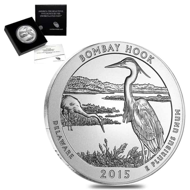 2015-P 5 oz Silver America the Beautiful ATB Delaware Bombay Hook National Refuge Unc Coin (w/Box & COA)