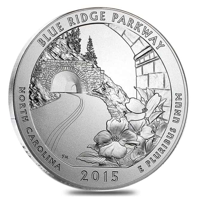 2015-P 5 oz Silver America the Beautiful ATB North Carolina Blue Ridge Parkway Unc Coin (w/Box & COA)