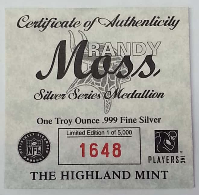 Randy Moss 1 oz Highland Mint .999 Fine Silver Limited Edition Commemorative Medallion w/ COA