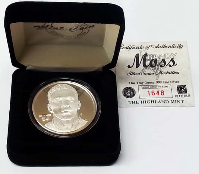 Randy Moss 1 oz Highland Mint .999 Fine Silver Limited Edition Commemorative Medallion w/ COA