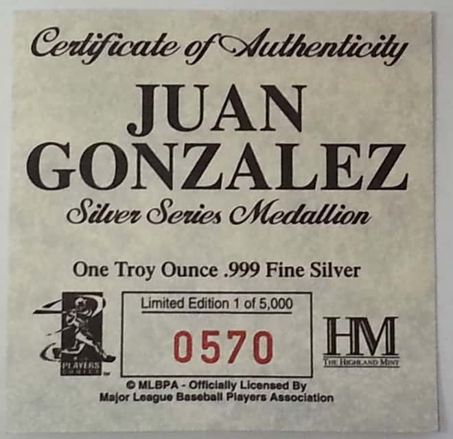 Juan Gonzalez 1 oz Highland Mint .999 Fine Silver Limited Edition Commemorative Medallion w/ COA