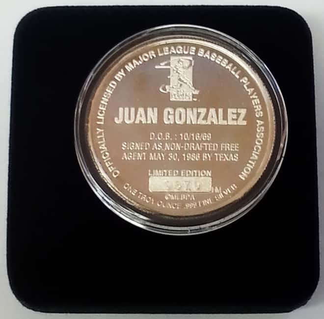 Juan Gonzalez 1 oz Highland Mint .999 Fine Silver Limited Edition Commemorative Medallion w/ COA