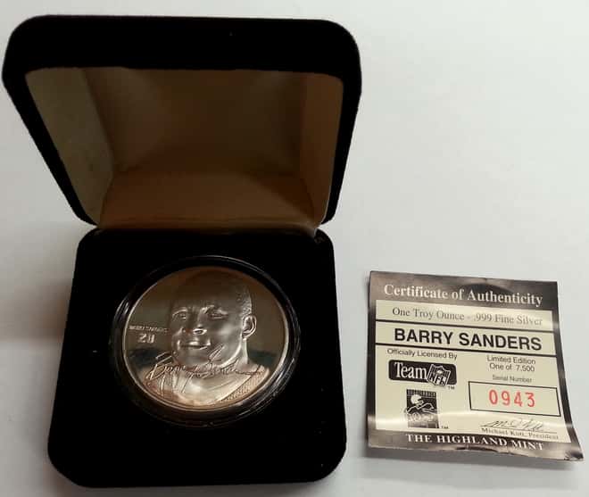 Barry Sanders 1 oz Highland Mint .999 Fine Silver Limited Edition Commemorative Medallion w/ COA