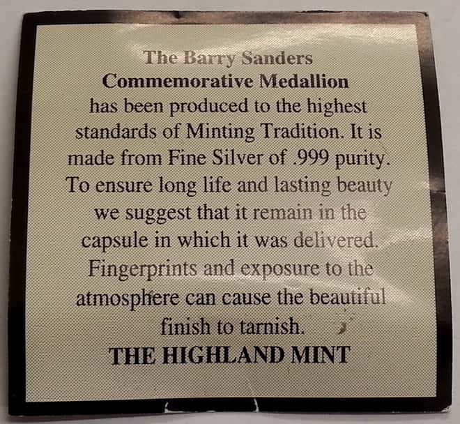 Barry Sanders 1 oz Highland Mint .999 Fine Silver Limited Edition Commemorative Medallion w/ COA