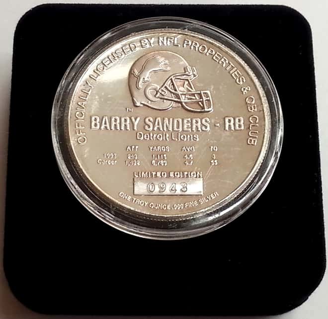Barry Sanders 1 oz Highland Mint .999 Fine Silver Limited Edition Commemorative Medallion w/ COA