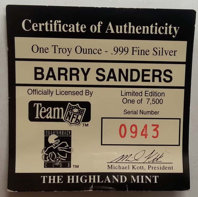 Barry Sanders 1 oz Highland Mint .999 Fine Silver Limited Edition Commemorative Medallion w/ COA