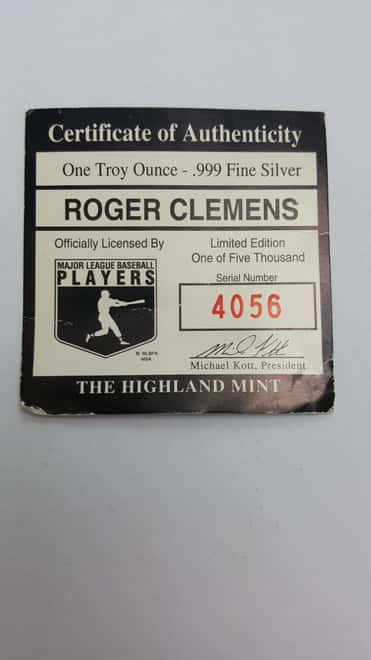Roger Clemens 1 oz .999 Fine Silver Limited Edition Commemorative Medallion COA