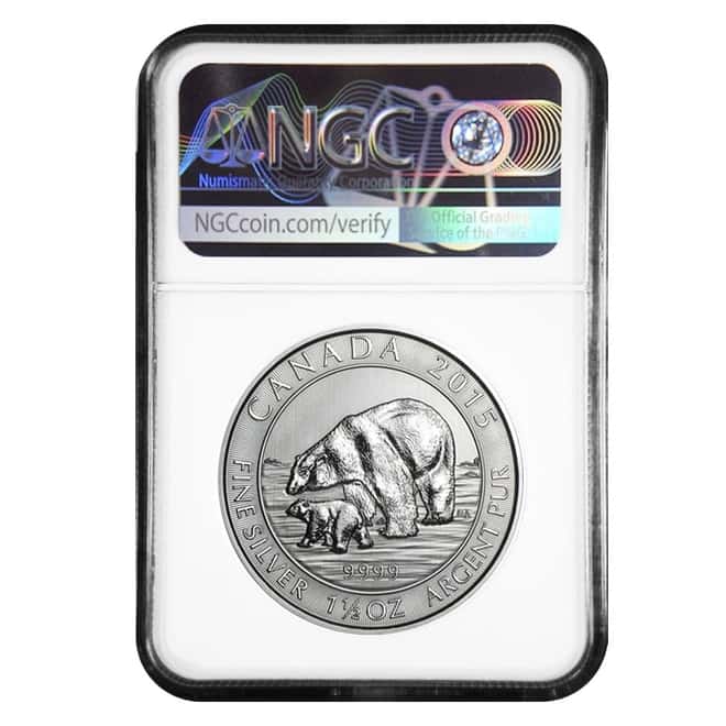 2015 1.5 oz Canadian Silver Polar Bear and Cub NGC MS 67 Mint Error (Obv Struck Thru)