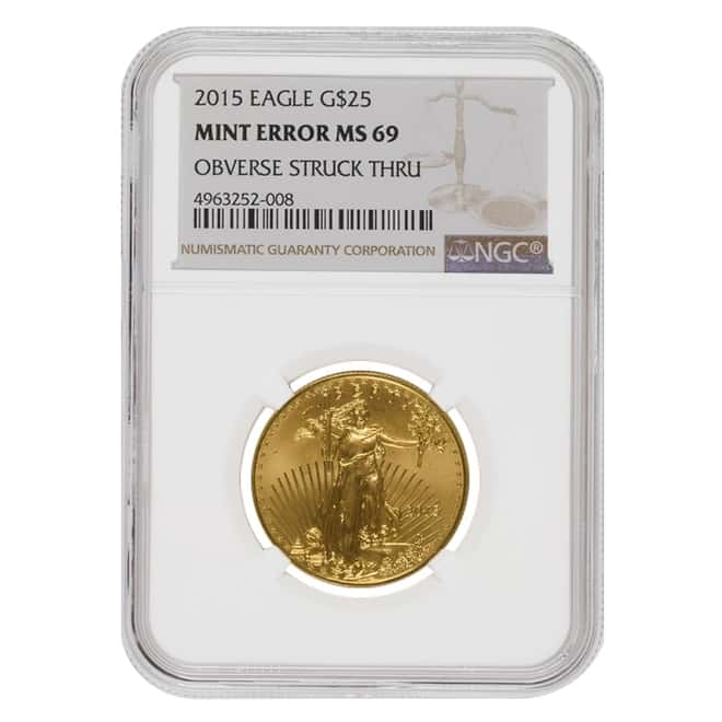 2015 1/2 oz $25 Gold American Eagle NGC MS 69 Mint Error (Obv Struck Thru)