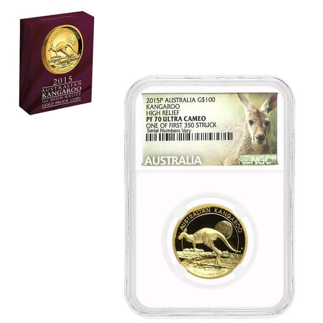 2015 1 oz Proof Gold Australian Kangaroo High Relief Perth Mint NGC PF 70 UCAM (w/Box & COA)