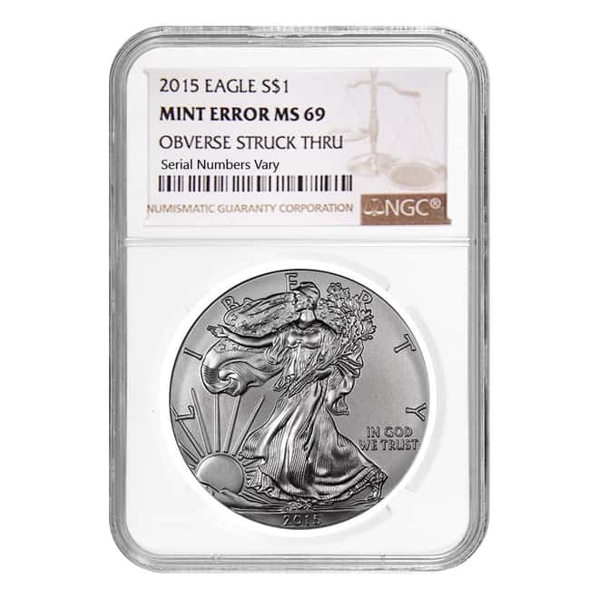 2015 1 oz Silver American Eagle NGC MS 69 Mint Error (Obv Struck Thru)