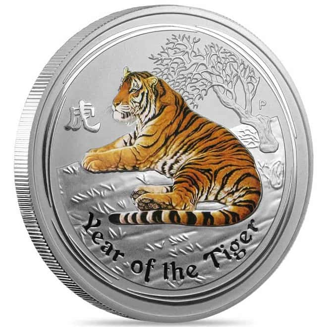 2010 5 oz Colorized Silver Lunar Tiger BU Australian Perth Mint