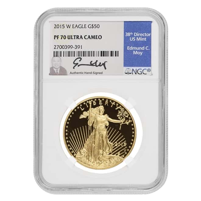 2015 W 1 oz $50 Proof Gold American Eagle NGC PF 70 UCAM (Edmund Moy Sign Label)