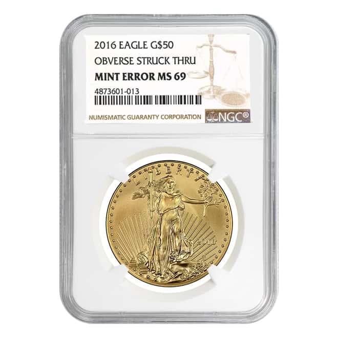 2016 1 oz $50 Gold American Eagle NGC MS 69 Mint Error (Obv Struck Thru) 