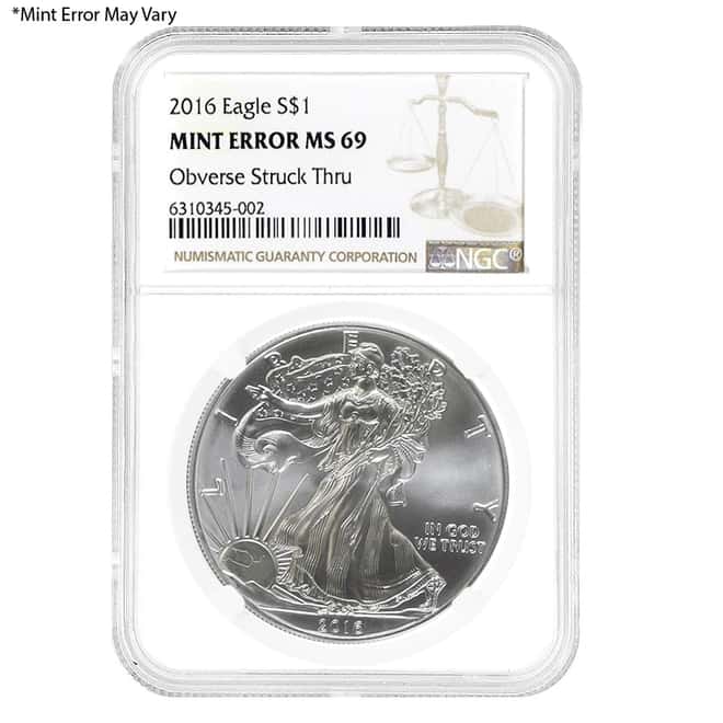 2016 1 oz Silver American Eagle NGC MS 69 Mint Error (Obv Struck Thru)
