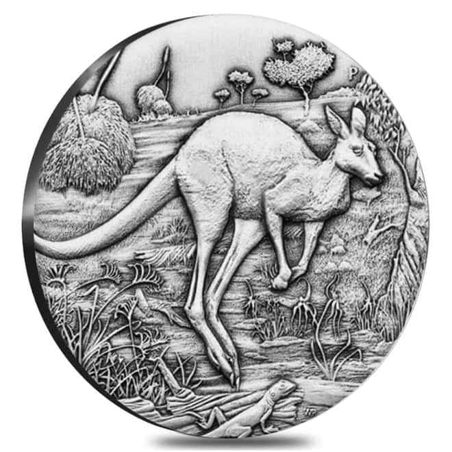 2016 2 oz Silver Kangaroo High Relief Antiqued Coin Perth Mint (w/Box & COA)
