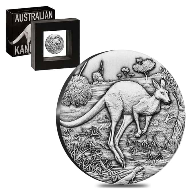 2016 2 oz Silver Kangaroo High Relief Antiqued Coin Perth Mint (w/Box & COA)