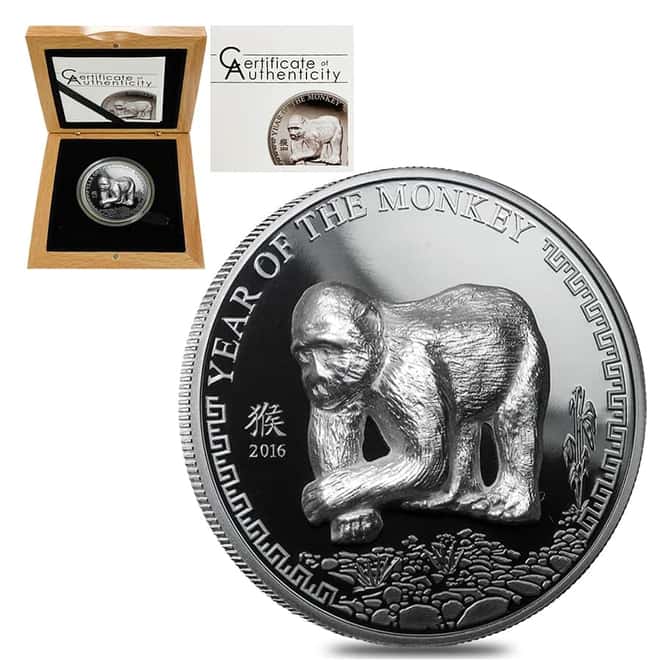 2016 Mongolia 25 gram Silver Lunar Year of the Monkey High Relief Coin (w/Box & COA)