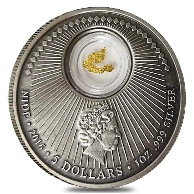 2016 Niue 1 oz Silver California Gold Rush Antiqued Coin 24K Gold Leaf (In Cap)