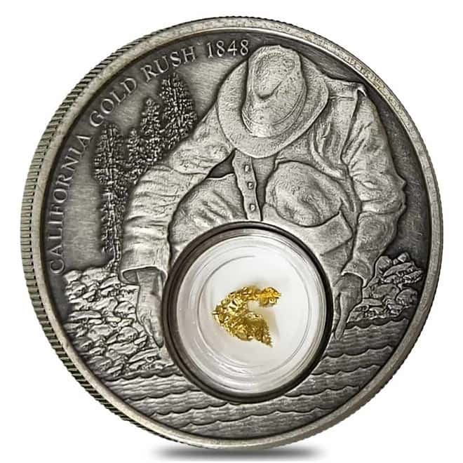 2016 Niue 1 oz Silver California Gold Rush Antiqued Coin 24K Gold Leaf (In Cap)