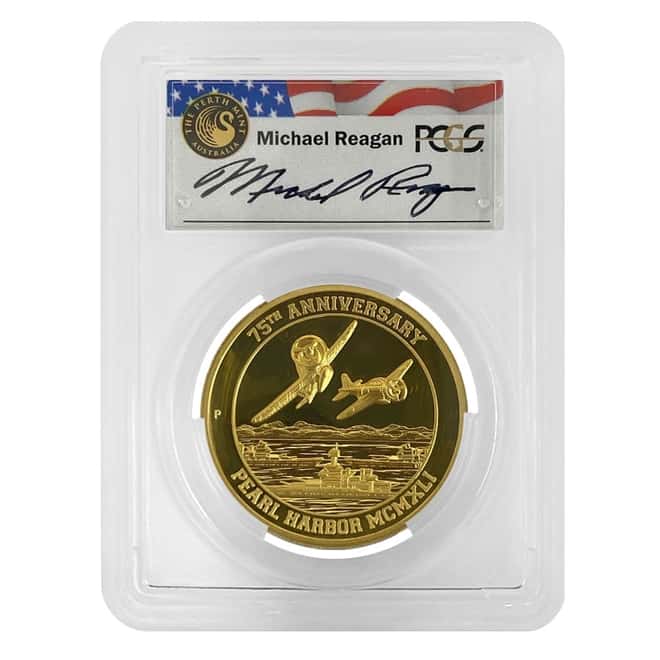 2016 P 2 oz Gold Tuvalu Pearl Harbor High Relief Coin Perth Mint PCGS PF 70 (M. Reagan Sign)
