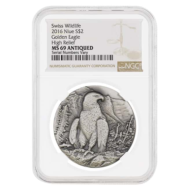 2016 Niue 1 oz Silver Golden Eagle - Swiss Wildlife Antiqued High Relief $2 Coin NGC MS 69