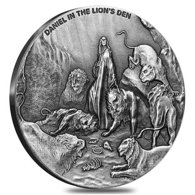 2016 Niue 2 oz Silver Daniel In the Lion's Den - Biblical Series Antiqued Coin (w/Box & COA)