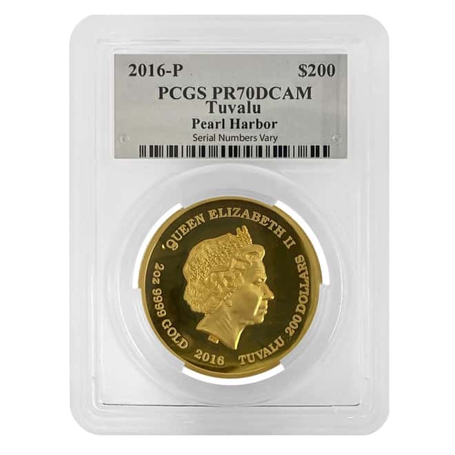 2016 P 2 oz Gold Tuvalu Pearl Harbor High Relief Coin Perth Mint PCGS PF 70 (M. Reagan Sign)