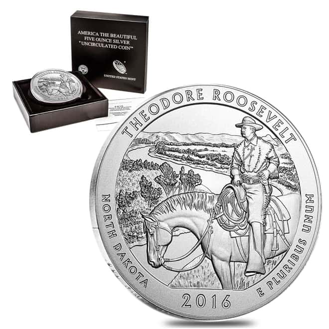 2016-P 5 oz Silver America the Beautiful ATB North Dakota Theodore Roosevelt National Park Unc Coin (w/Box & COA)