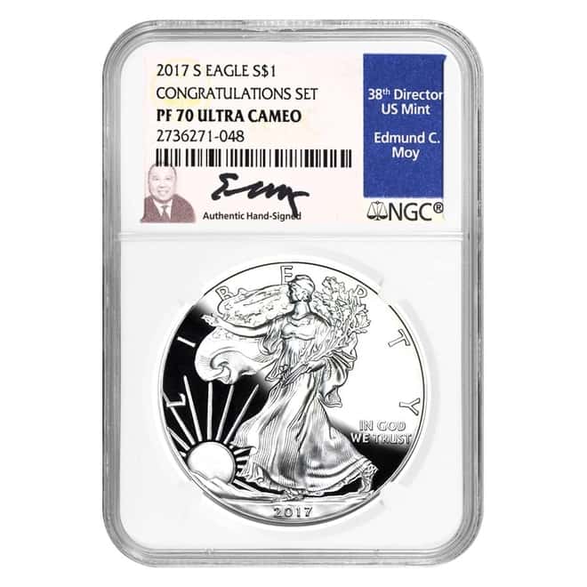 2017-S 1 oz Proof Silver American Eagle Congratulations Set NGC PF 70 UCAM (Edmund C. Moy Signature)