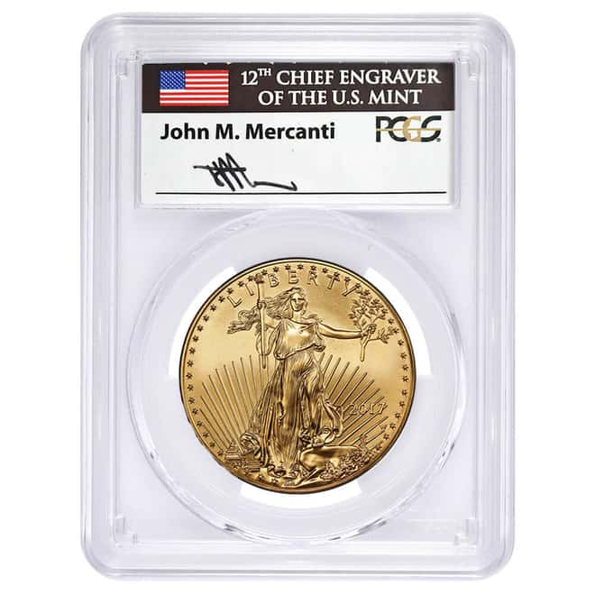 2017-W 1 oz $50 Burnished Gold American Eagle PCGS SP 70 FDOI (John M. Mercanti)