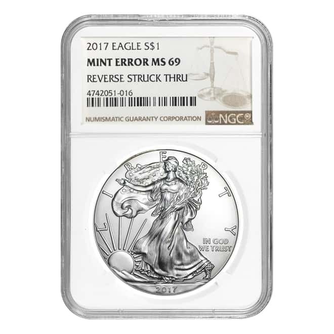 2017 1 oz Silver American Eagle NGC MS 69 Mint Error (Rev Struck Thru)