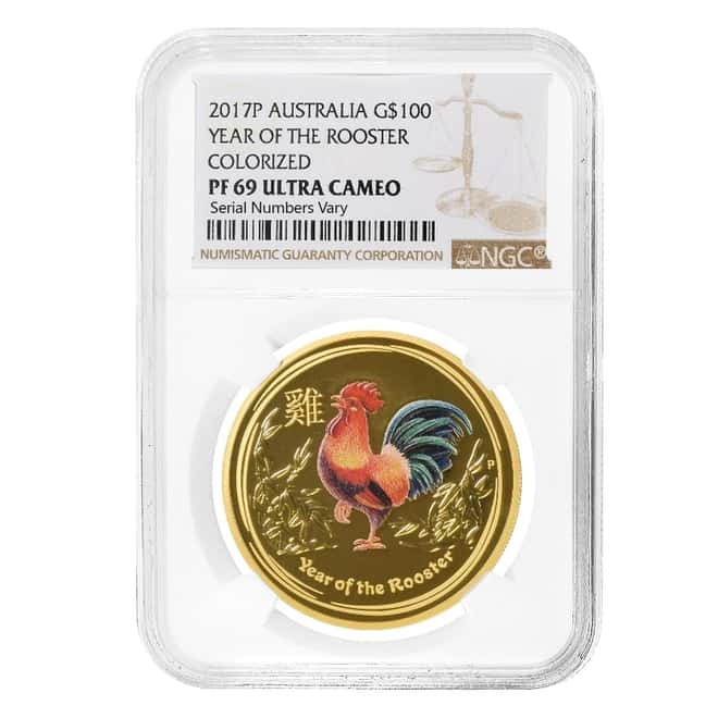 2017 1 oz Colorized Proof Gold Lunar Year of The Rooster Australia NGC PF 69 UCAM