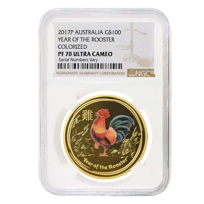 2017 1 oz Colorized Proof Gold Lunar Year of The Rooster Australia NGC PF 70 UCAM