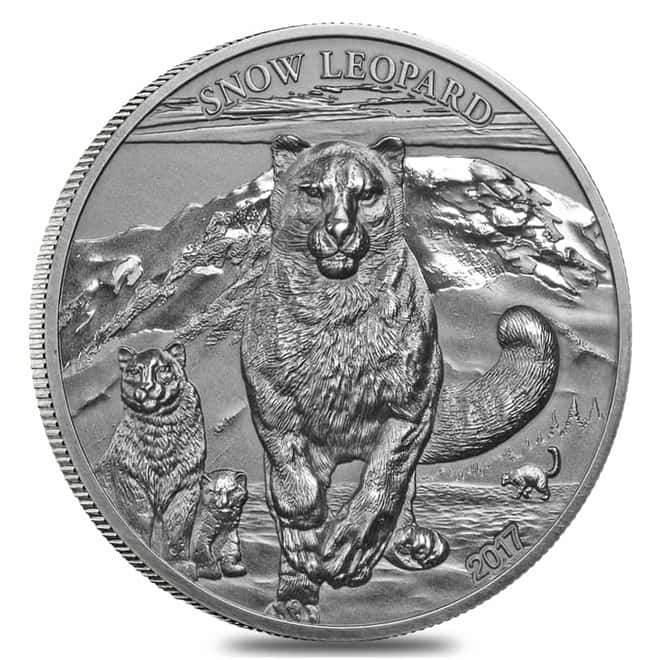 2017 1 oz Silver Snow Leopard - High Relief Animals Mongolia Antiqued Coin (w/Box & COA)