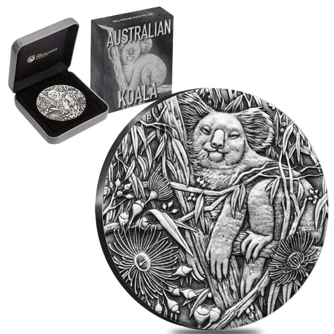 2017 2 oz Silver Australian Koala High Relief Antiqued Coin Perth Mint (w/Box & COA)