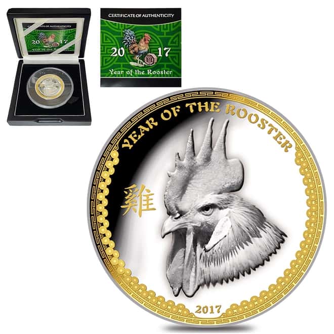 2017 1 oz Proof Silver Lunar Year of the Rooster Palau Coin .999 Fine (w/Box & COA)