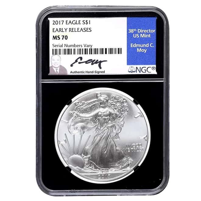 2017 1 oz Silver American Eagle $1 Coin NGC MS 70 ER (Retro, Edmund C. Moy Sign)