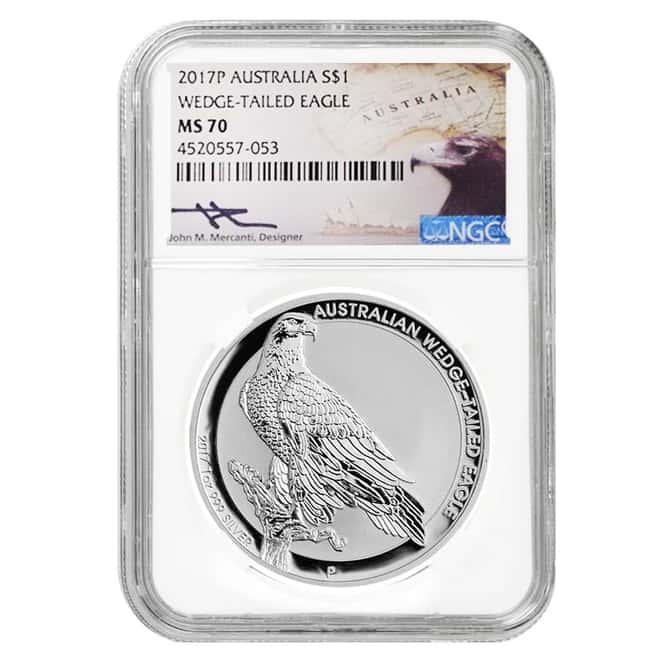 2017 1 oz Silver Australian Wedge-Tailed Eagle Perth Mint NGC MS 70 (J. Mercanti Sign Label)
