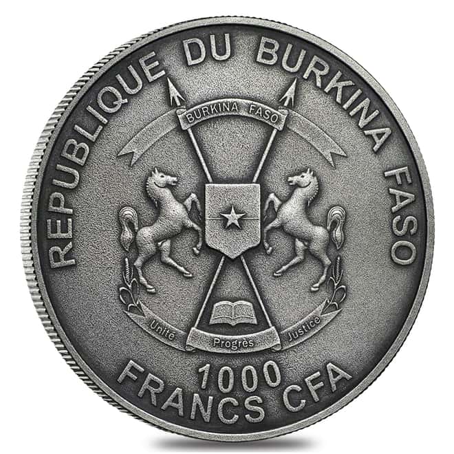 2017 1 oz Silver Glyptodon Burkina Faso Antiqued Coin (w/Box & COA)