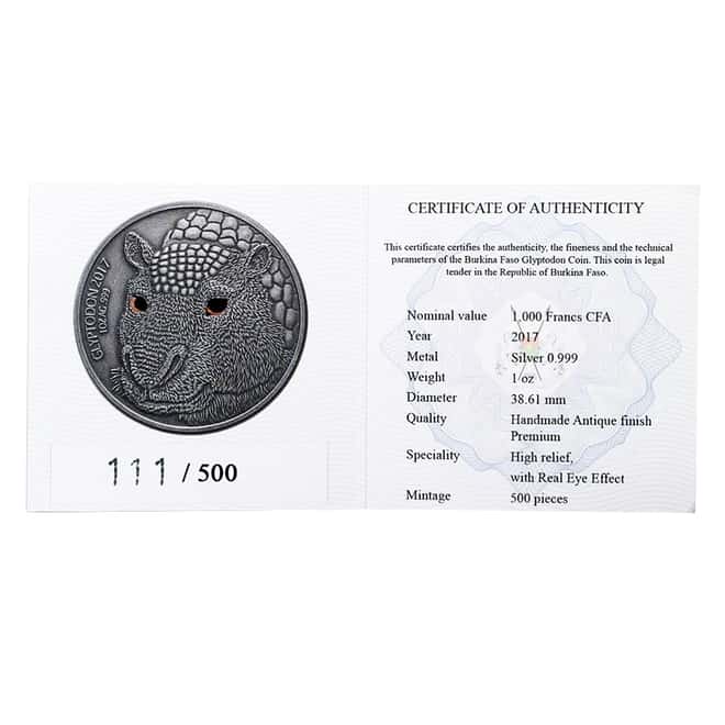 2017 1 oz Silver Glyptodon Burkina Faso Antiqued Coin (w/Box & COA)